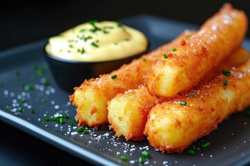 Creamy cheddar cheese and melted cheese on fried potato sticks - obrazy, fototapety, plakaty