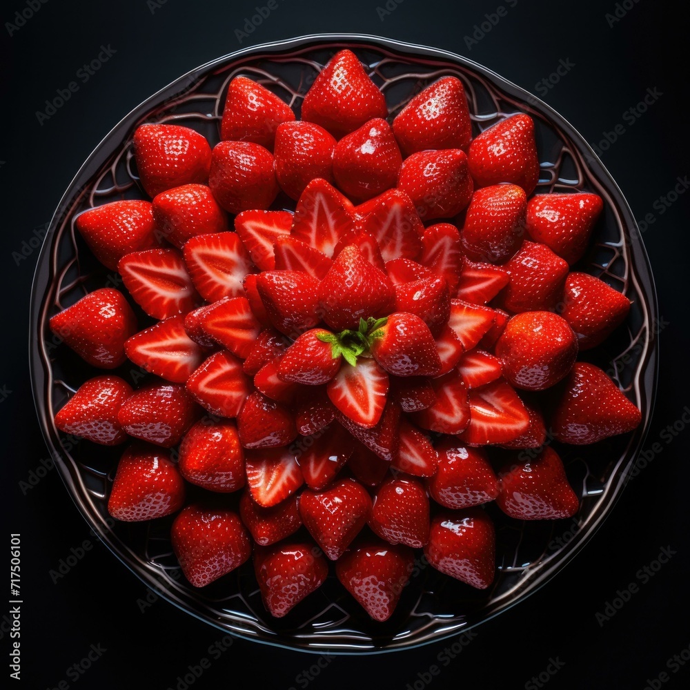 Poster A plate of strawberries arranged in a circle. Generative AI.