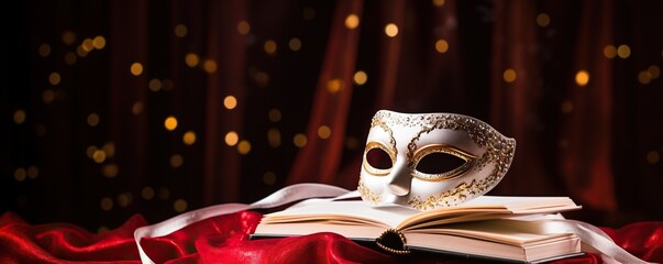 Opera day background concept, white opera mask and stack of book on the stage red curtains