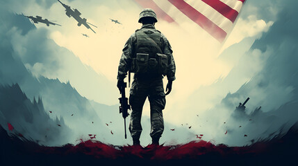 Soldier and USA flag on sunrise background . Veterans Day, Veterans day poster. Veteran's day illustration with american flag, 11th November, Vector illustration,  Veterans Day, Generative Ai