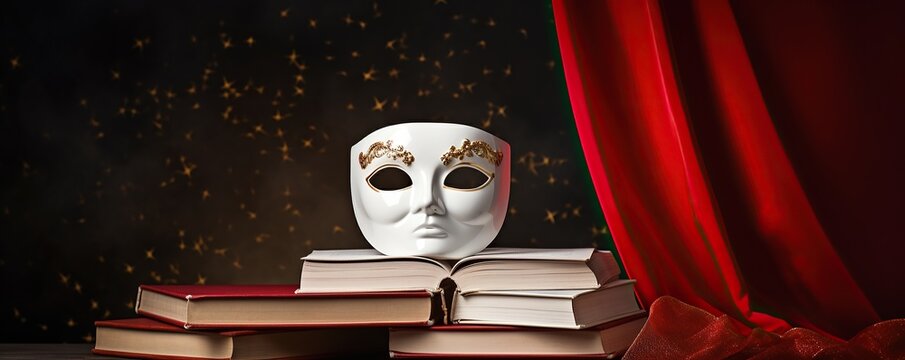 Opera day background concept, white opera mask and stack of book on the stage red curtains