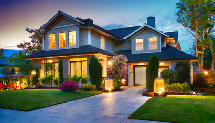 Fototapeta na wymiar Beautiful home exterior in evening with glowing interior lights and landscaping. Generative AI.