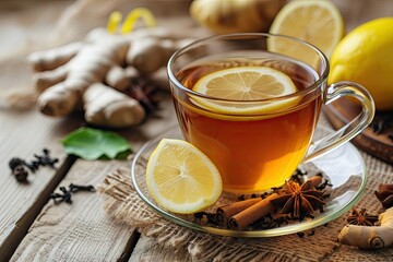 Hot black tea with lemon and ginger on a wooden background