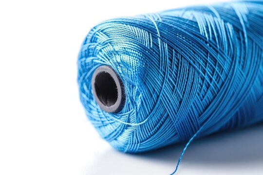Close up of blue threads on white spool displaying texture
