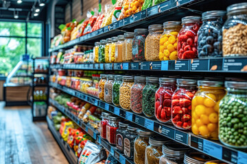 Fototapeta na wymiar Jars with variety of fruits and vegetables on shelves in grocery store