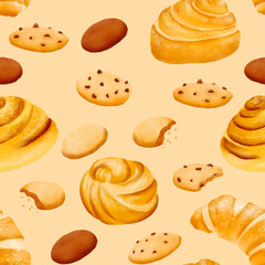 Seamless pattern of fresh delicious crispy sweet cookies and fresh fragrant buns. The pastry with pieces of chocolate and crumbs. yummy. Isolated hand drawn digital watercolor beige background