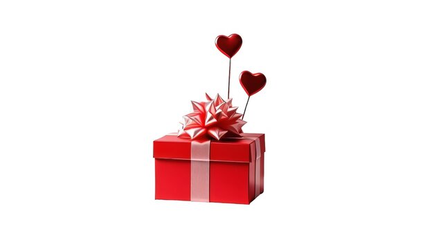 Valentine’s Day Gift - Red Wrapped Box with Shiny Ribbon Bow and Heart-Shaped Decorations Isolated on White Background