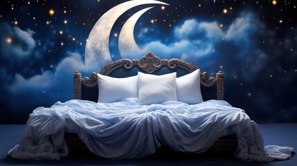 A bedroom decorated with clouds and a crescent moon shining beside it. generative AI