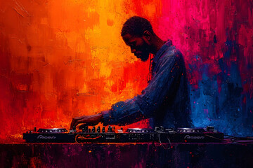 Silhouette of a DJ mixing music at a console against a vibrant, colorful abstract background.