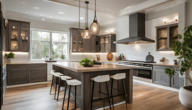Beautiful kitchen detail in new luxury home. Features island, pendant lights, hardwood floor. Generative AI.