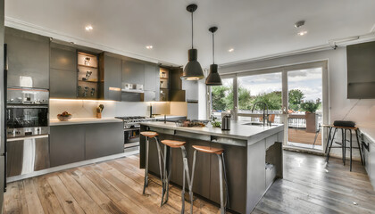 beautiful kitchen in new luxury home with island, pendant lights, hardwood floors, and stain. Generative AI.
