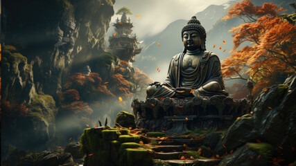 Buddha statue in a serene mountain landscape with autumn colors
