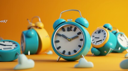 One alarm clock is shown giving a presentation on Maximizing Efficiency How to Snooze Multiple Times Without Being Late while the other clocks in the audience cant seem to