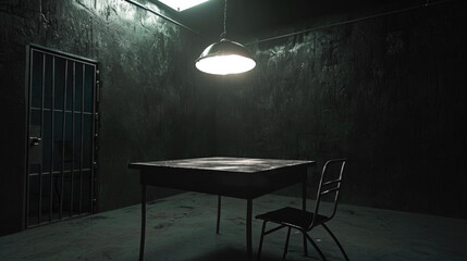 Dark, gritty interrogation room with single bright light overhead - obrazy, fototapety, plakaty