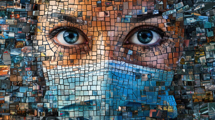 Mosaic illustration of the close-up of a brave female nurse with piercing eyes wearing a mask