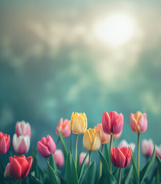 Fototapeta Fresh colorful spring tulip flowers growing at bottom of vertical nature bacground, copy space at top