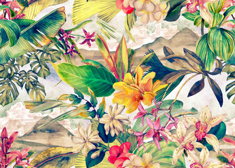 Fototapeta na wymiar Tropical pattern with flowers and leaves on the background of a landscape with mountains and sky. Seamless wallpaper with tropical flowers and leaves