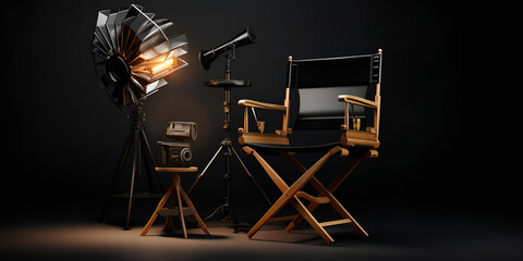 Fototapeta na wymiar Director Chair And Clap Lights Background,Director's Chair and Clap Lights Backdrop.