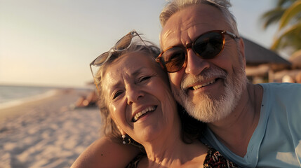 senior couple smiling for the camera while on vacation