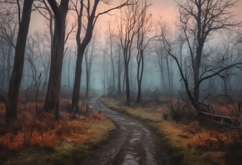 Fototapeta premium Scorched earth with dirt walking track, path through burnt landscape after bushfire, forest fire