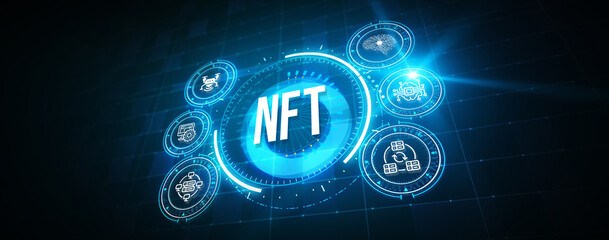NFT Non-fungible token digital crypto on virtual screen. 3d illustration