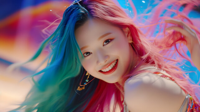 beautiful kpop idol with colourful hair performing on stage