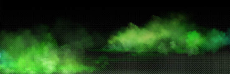 Green toxic smoke cloud with overlay effect on transparent background. Realistic haze of mystical atmospheric steam or condensation. Vector illustration of smoky mist or toxic vapor on floor.