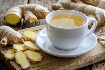 Fototapeta na wymiar Ginger tea on wooden background in a white cup
