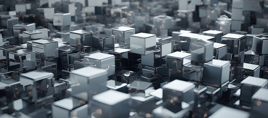 3D Metallic Cubes Scattered in Space Creating a Three-Dimensional Illusion