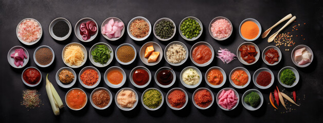 Top view of korean food assorment in ceramic bowls on dark background. Variety of asian dishes on...