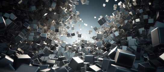 3D Metallic Cubes Scattered in Space Creating a Three-Dimensional Illusion