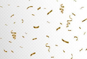 Falling shiny golden confetti isolated on transparent background. Vector illustration