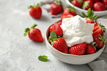 Strawberries and whipped cream on a gray table scrumptious