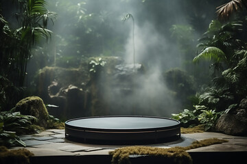 product podium with a tropical jungle theme in the jungle with generative ai