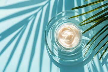 Cosmetic cream in a round glass jar on a transparent acrylic plate with palm leaf shadows on a blue background The cream has aesthetic swirls and there is cop