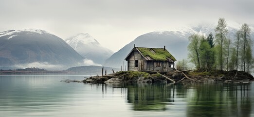 Fototapeta premium A small wooden house in the lake, in front of beautiful mountains and rivers