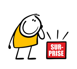 Doodle lucky stickman found red box on the road. The inscription is a surprise. Vector illustration of an unexpected gift. Cartoon character isolated on white background.