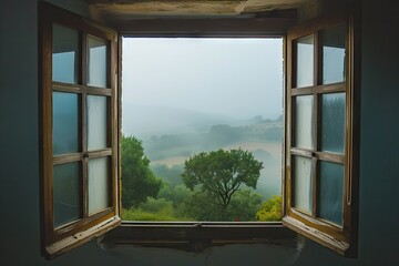 Open window with picturesque countryside view on foggy day Stay home ideology House s scenery Spain escapade and vacations Air the room through window Ventilate