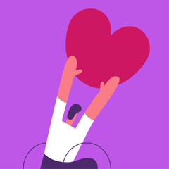 Celebrating Valentine's Day for people with disabilities. Man on wheelchair holds a big heart. Flat vector illustration.