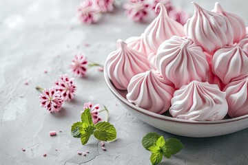 Fototapeta na wymiar Grey table adorned with pink meringue Famous French treat