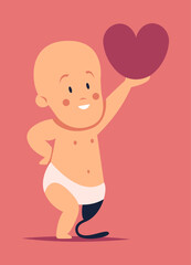 Celebrating Valentine's Day for people with disabilities. Baby in a diaper with a prosthetic leg holds a heart. Flat vector illustration.