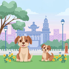 Cartoon background of a puppy in the forest, Trees, Grass - illustration for children