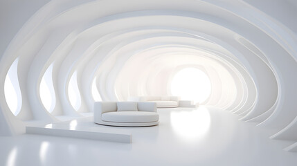 Fototapeta premium White futuristic tunnel background 3d rendering,, Empty room, white floor with wall for exposure.Modern futuristic technology design. 3d render Pro Photo 