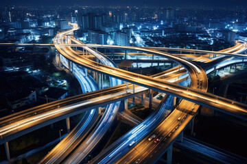 Fototapeta na wymiar Aerial photography of large overpass bridge in modern city at night