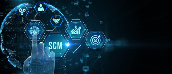 SCM - Supply Chain Management.  Supply Chain Management SCM. Aspects of Modern Company Logistics Processes. 3d illustration