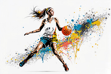 Young woman basketball player with ball. Abstract grunge background. Girl playing basketball.
