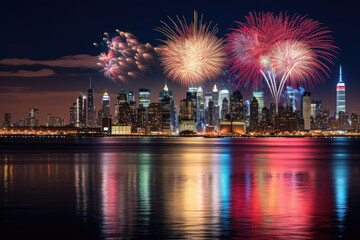 The big modern city by the lake is celebrating the new year with fireworks