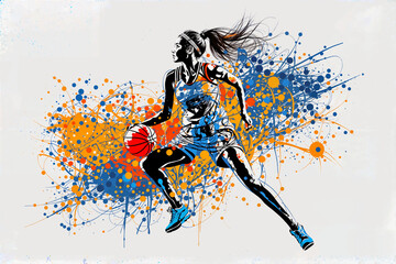 Young woman basketball player with ball. Abstract grunge background. Girl playing basketball.
