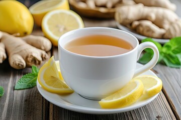 Cup holds ginger tea with lemon