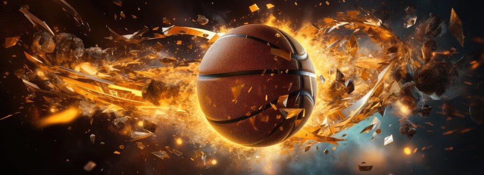 A basketball engulfed in fiery flames, creating a visually intense and dynamic scene.
